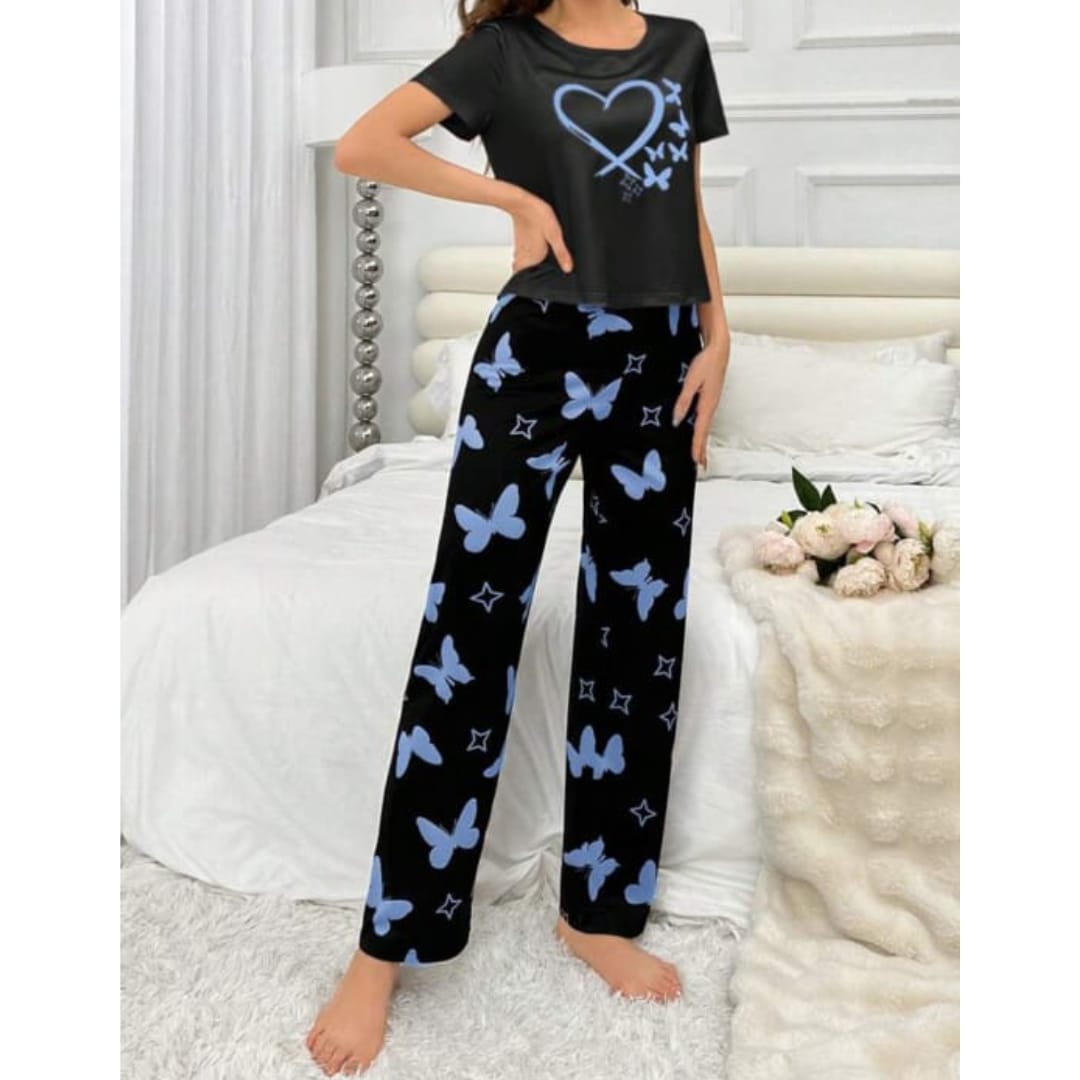 Black With Blue Butterflies Heart Printed T-shirt And Butterflies Printed Trouser Suit (RX-182) - Super Bazar Shopping 