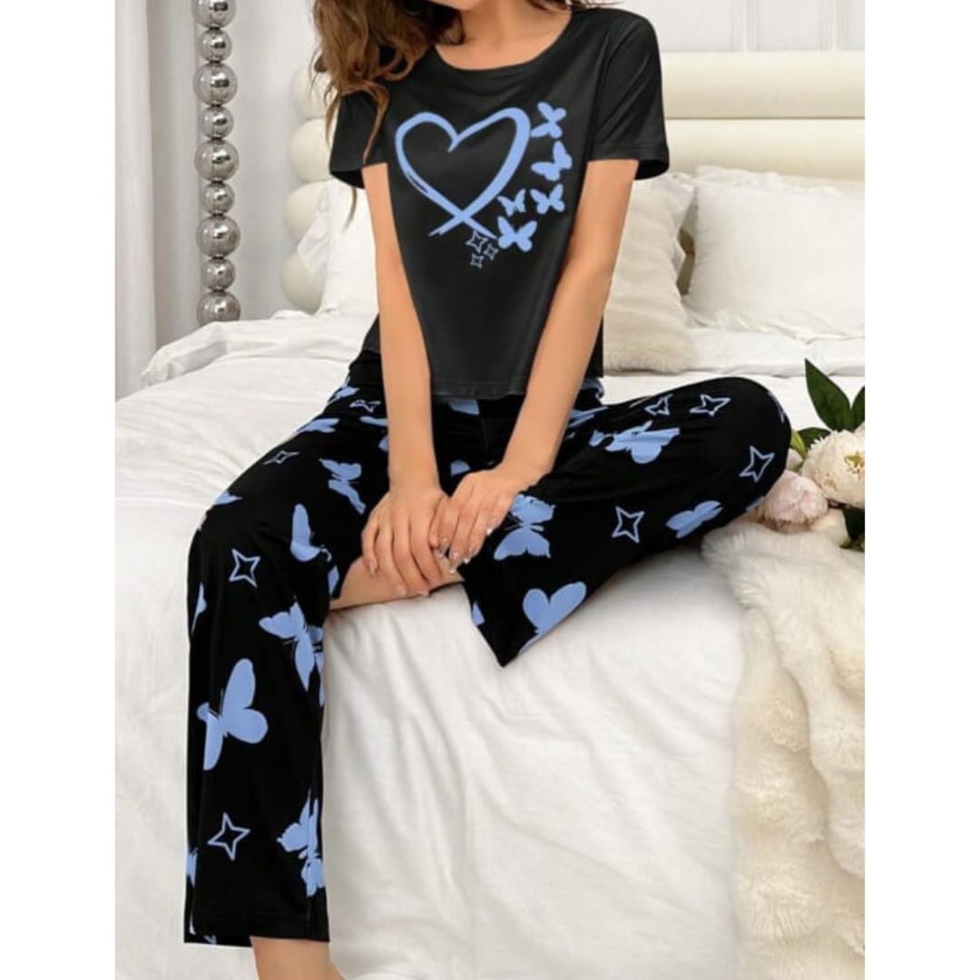 Black With Blue Butterflies Heart Printed T-shirt And Butterflies Printed Trouser Suit (RX-182) - Super Bazar Shopping 