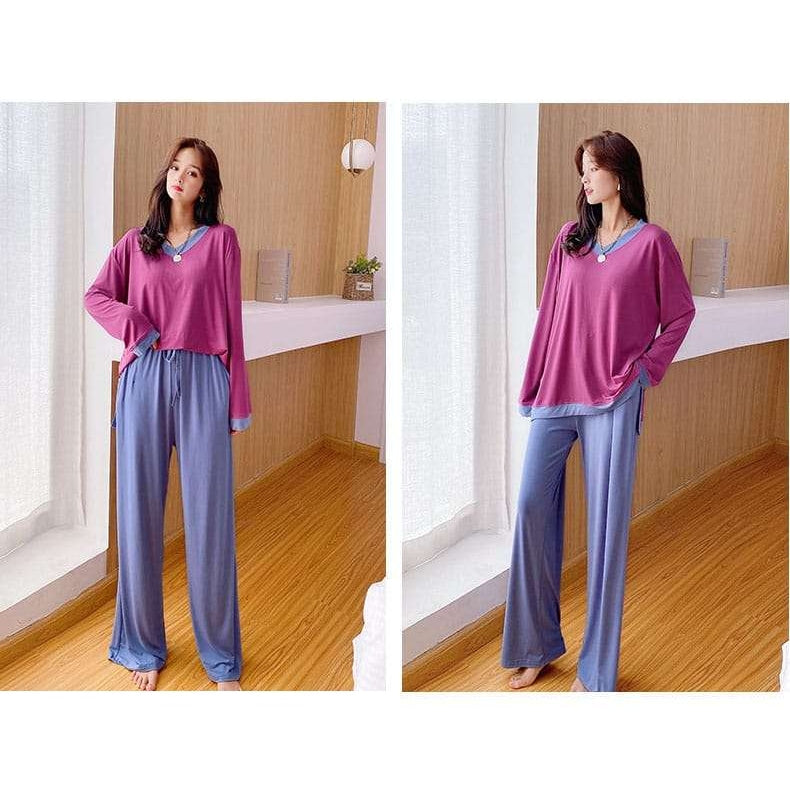 Shocking Pink with Blue V Neck with Blue Contrast Palazzo Pajama Full Sleeves Night Suit for Her (RX-73) - Super Bazar Shopping 