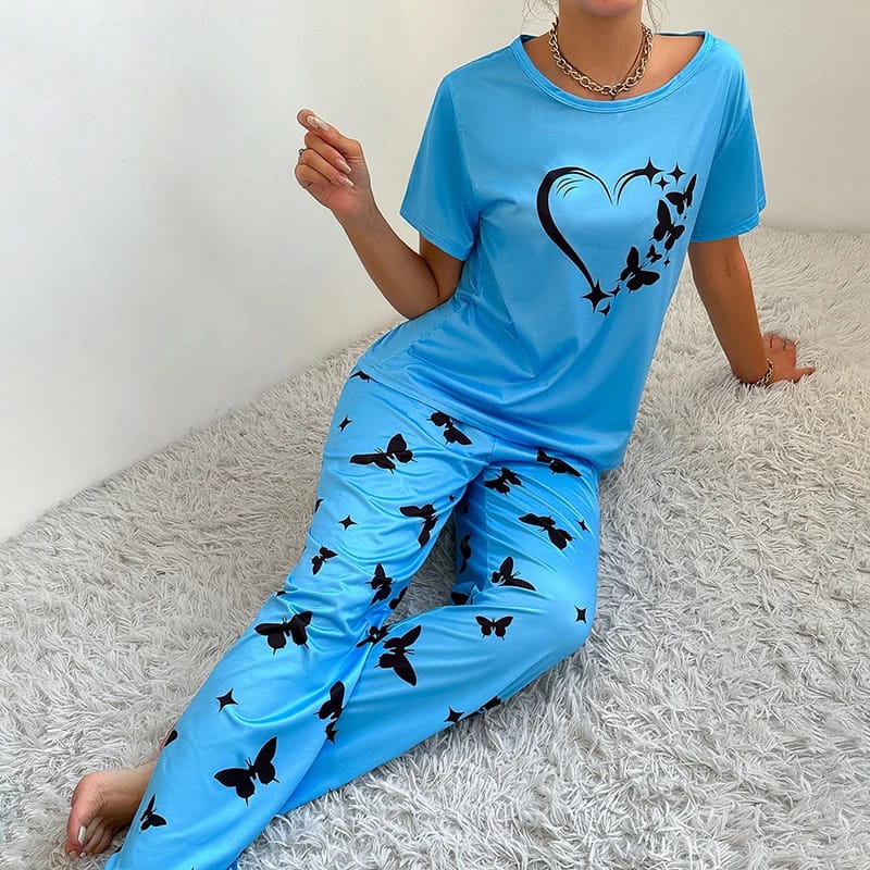 Blue With Butterflies Heart Printed T-shirt And Butterflies Printed Trouser Suit (RX-152) - Super Bazar Shopping 