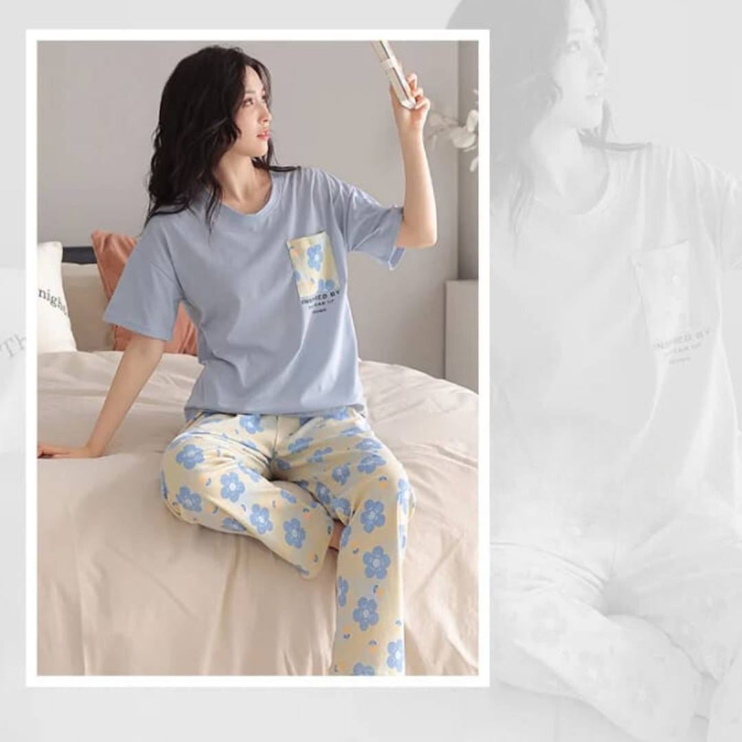 Blue Flower Pocket Print Half Sleeves T-shirt With Flowers Print Pajama Suit (RX-220) - Super Bazar Shopping 