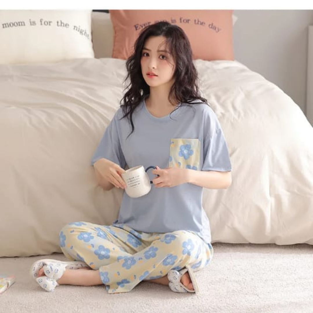 Blue Flower Pocket Print Half Sleeves T-shirt With Flowers Print Pajama Suit (RX-220) - Super Bazar Shopping 