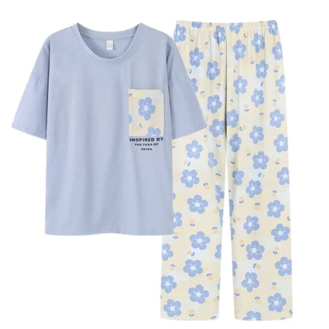 Blue Flower Pocket Print Half Sleeves T-shirt With Flowers Print Pajama Suit (RX-220) - Super Bazar Shopping 