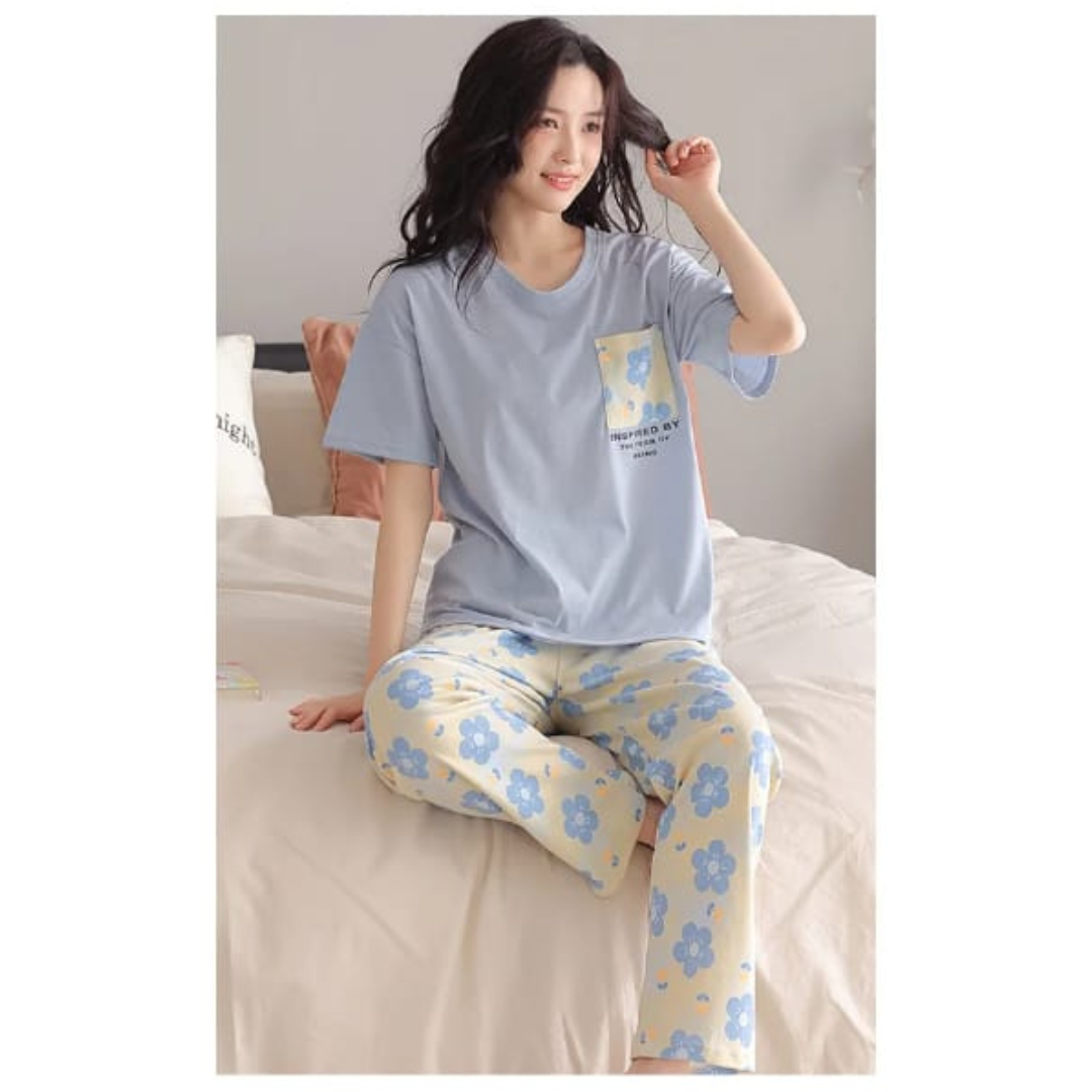 Blue Flower Pocket Print Half Sleeves T-shirt With Flowers Print Pajama Suit (RX-220) - Super Bazar Shopping 