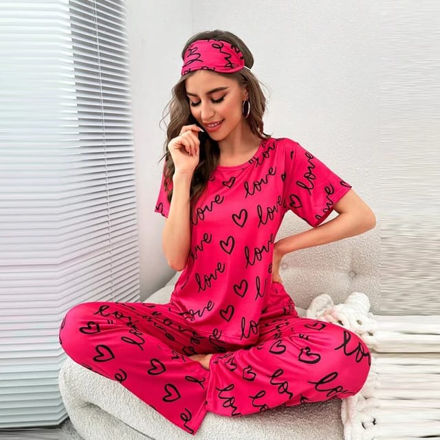 Shocking Pink Love Printed T-shirt And Trouser Suit (RX-148) - Super Bazar Shopping 