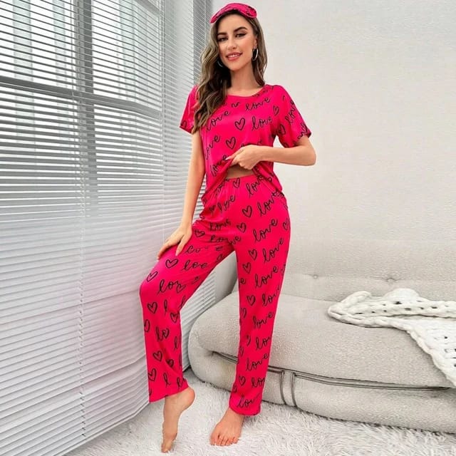 Shocking Pink Love Printed T-shirt And Trouser Suit (RX-148) - Super Bazar Shopping 