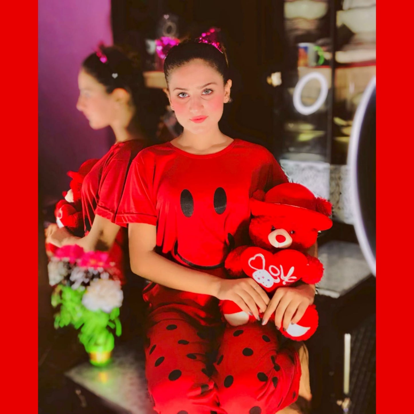 Red Smile with Dotted Style Pajama Half Sleeves Night Suit for her (RX-23) - Super Bazar Shopping 