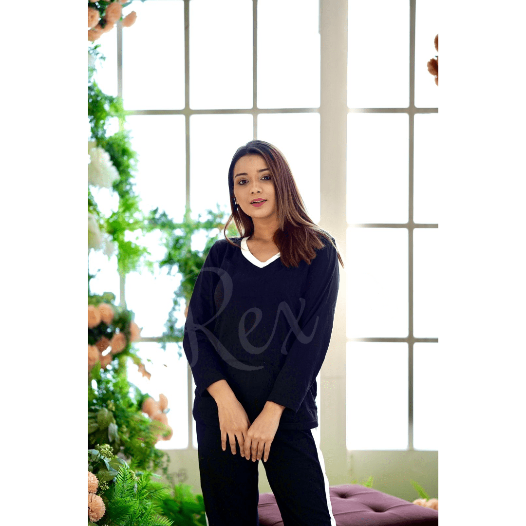 Plain Black with White V Neck with White Panel Pajama Full Sleeves Suit for Her (RX-53) - Super Bazar Shopping 