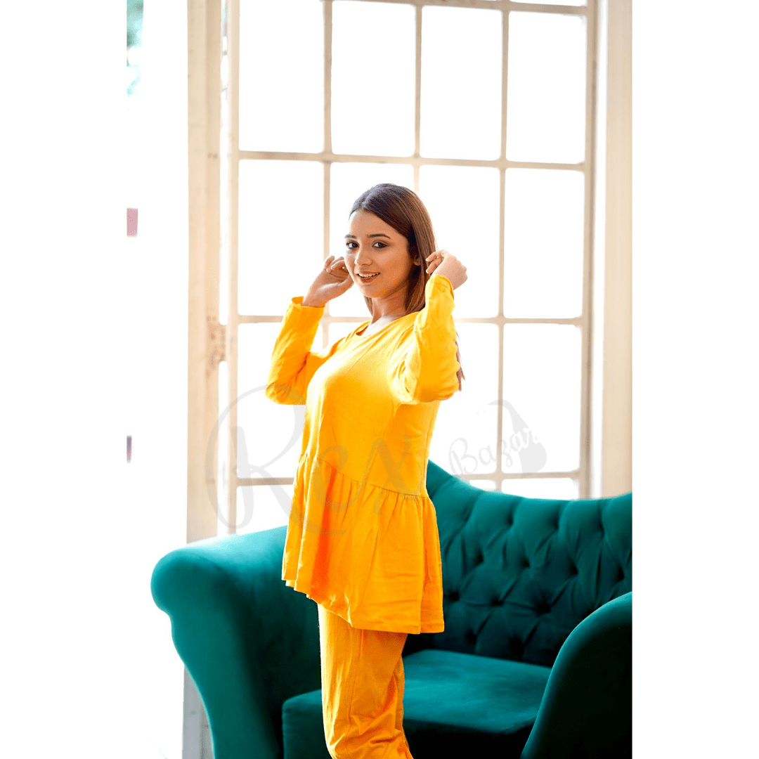 Plain Yellow Frill Style with Palazzo Style Pajama Full Sleeves Suit for Her (RX-51) - Super Bazar Shopping 