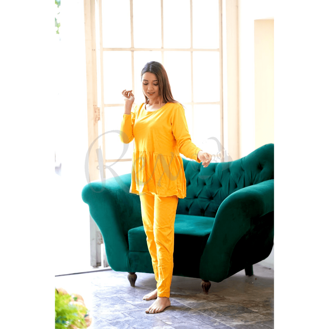 Plain Yellow Frill Style with Palazzo Style Pajama Full Sleeves Suit for Her (RX-51) - Super Bazar Shopping 