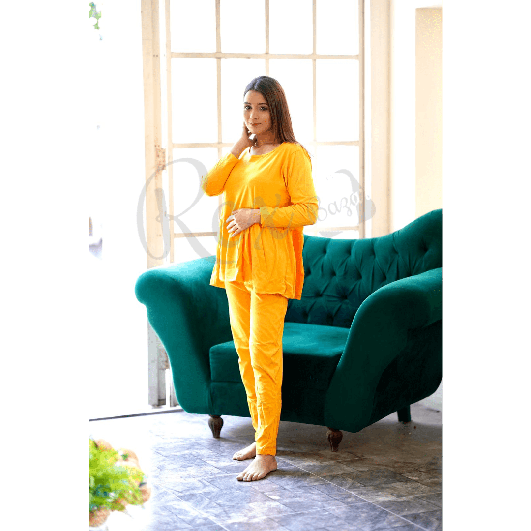 Plain Yellow Frill Style with Palazzo Style Pajama Full Sleeves Suit for Her (RX-51) - Super Bazar Shopping 