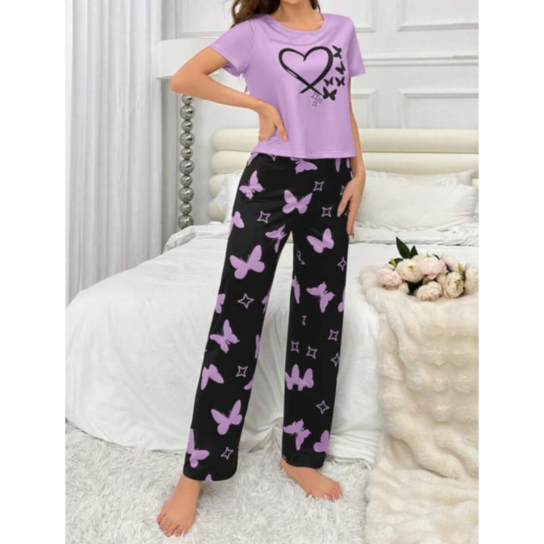 Purple With Black Butterflies Heart Printed T-shirt And Butterflies Printed Trouser Suit (RX-184) - Super Bazar Shopping 