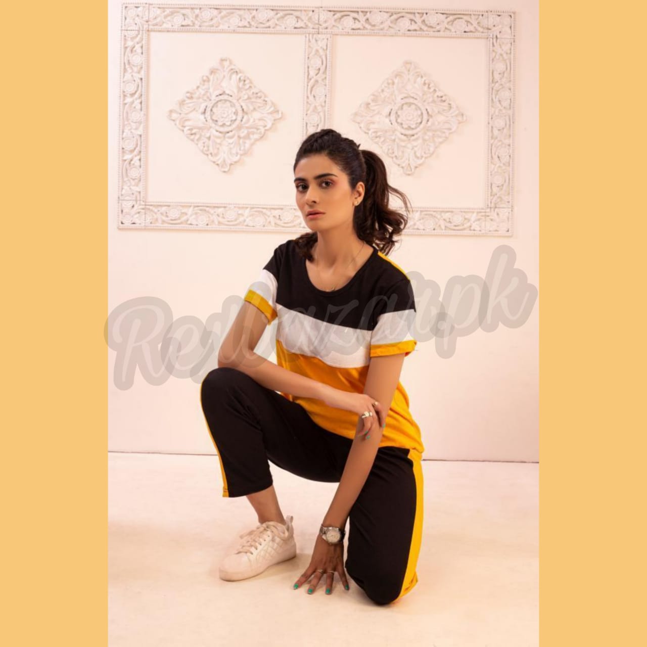 Yellow Straight Panel Half Sleeves T Shirt with Panel Pajama Suit for Her (RX-141) - Super Bazar Shopping 