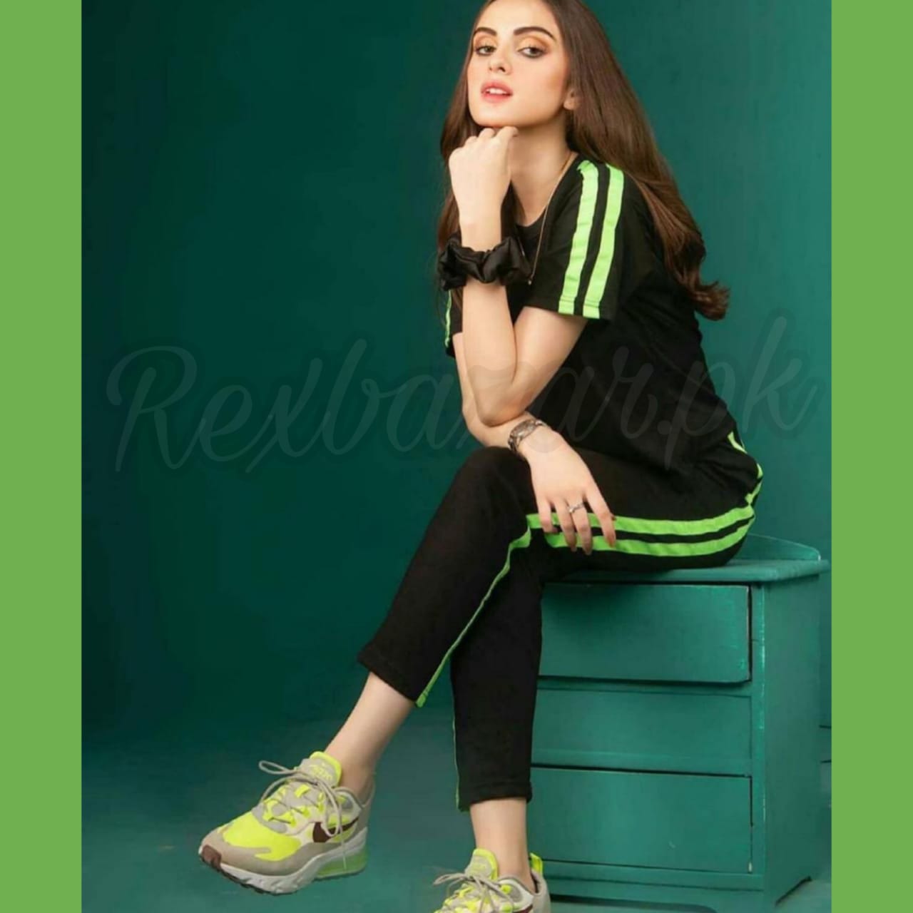 Plain Black with Green Stripe Track Suit for Her (RX-142) - Super Bazar Shopping 