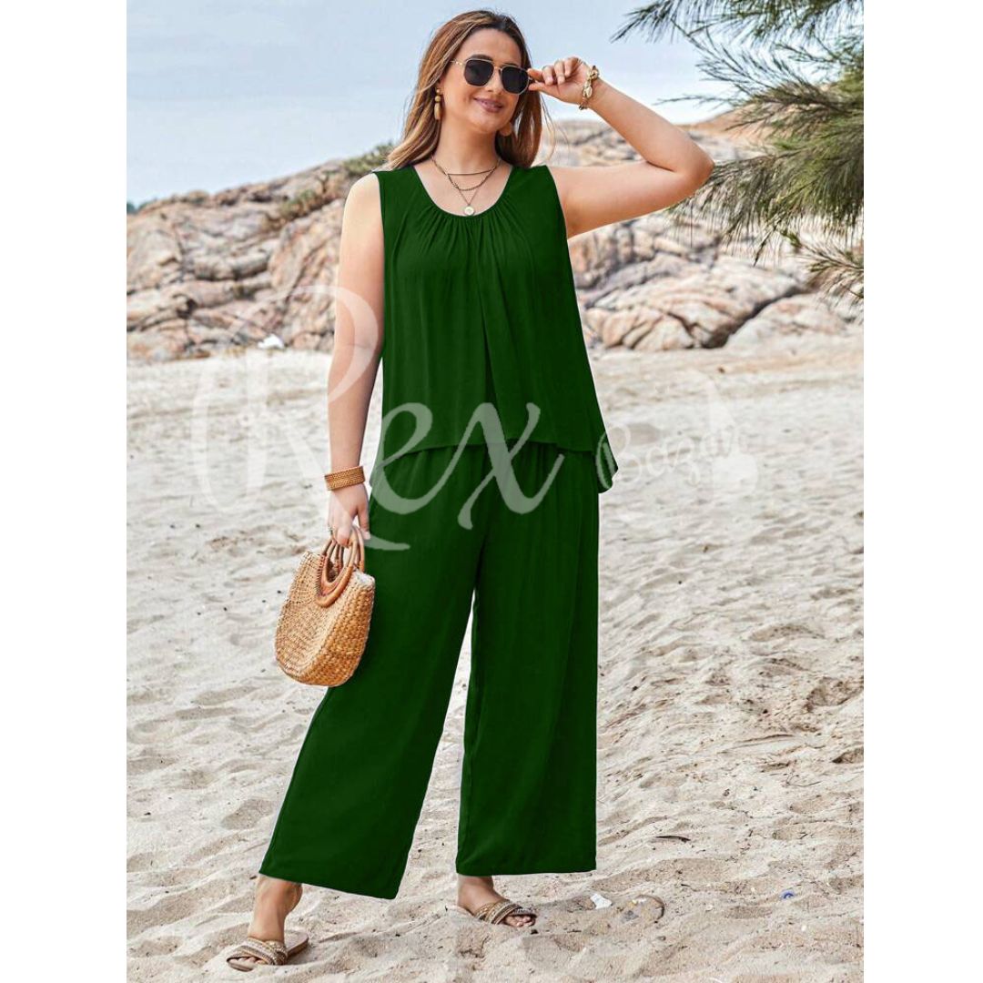 Green Sleeveless Shirt With Plazo Pajama Suit For Her (RX-168) - Super Bazar Shopping 