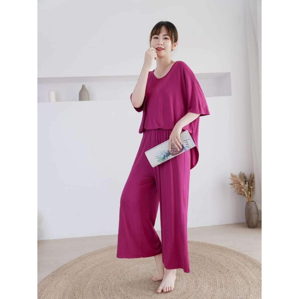 Plain Shocking Pink V Neck Quarter Sleeves with Cut Style Pajama Night Suit for Her (RX-83) - Super Bazar Shopping 