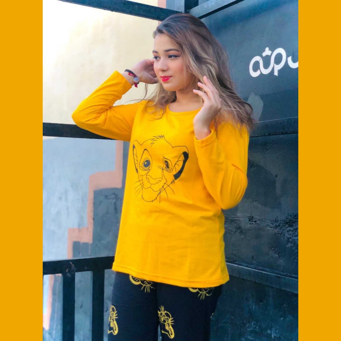 Yellow and Black SIMBA print T-shirt with Printed Pajama Full Sleeves Night Suit for her (RX-24) - Super Bazar Shopping 