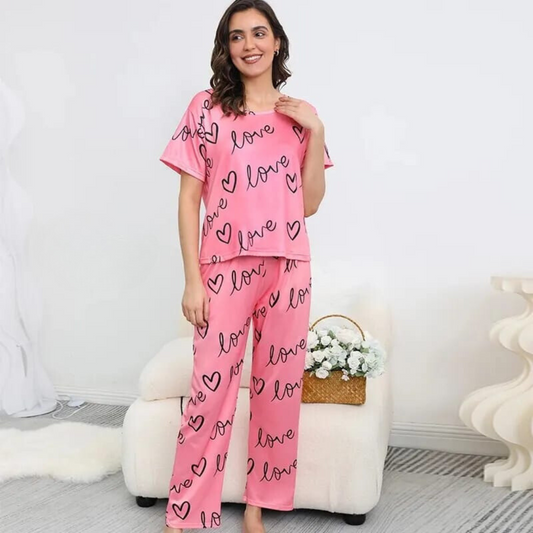 New Pink Love Print Half Sleeves T-shirt With Printed Trouser Suit (RX-47) - Super Bazar Shopping 