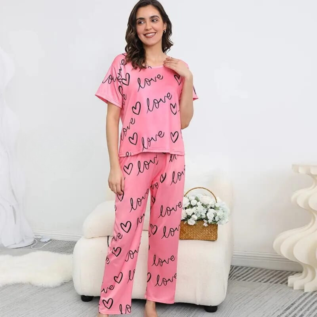 New Pink Love Print Half Sleeves T-shirt With Printed Trouser Suit (RX-47) - Super Bazar Shopping 