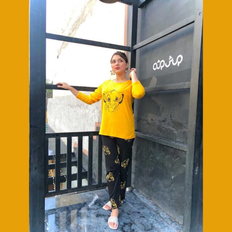 Yellow and Black SIMBA print T-shirt with Printed Pajama Full Sleeves Night Suit for her (RX-24) - Super Bazar Shopping 