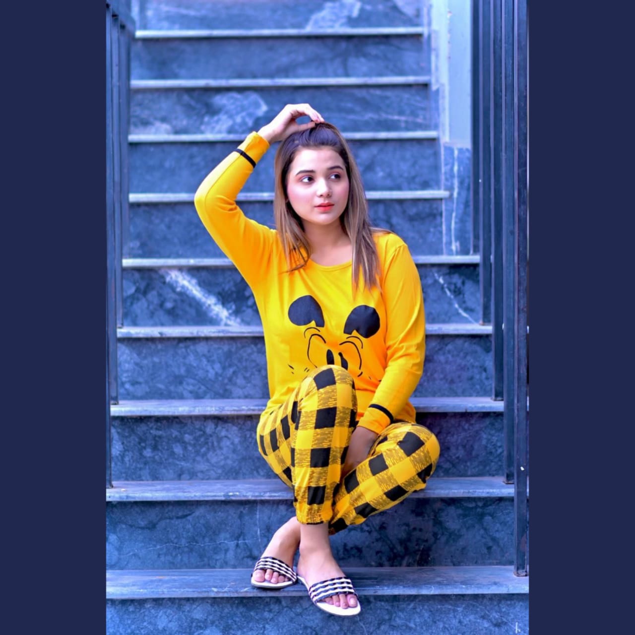 Yellow Mickey Mouse with Check Style Pajama Full Sleeves Night Suit for her (RX-34) - Super Bazar Shopping 