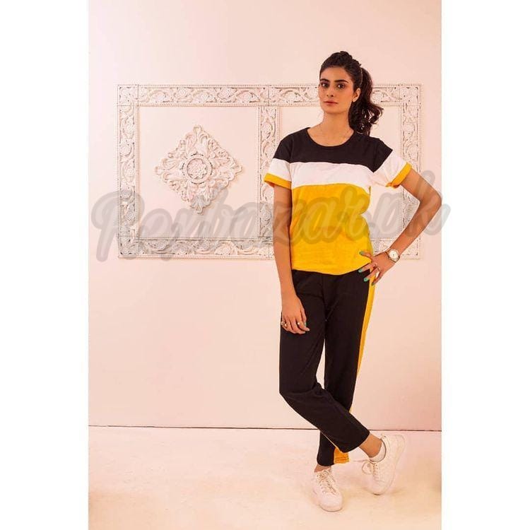 Yellow Straight Panel Half Sleeves T Shirt with Panel Pajama Suit for Her (RX-141) - Super Bazar Shopping 