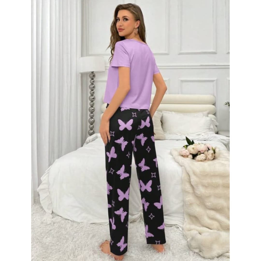 Purple With Black Butterflies Heart Printed T-shirt And Butterflies Printed Trouser Suit (RX-184) - Super Bazar Shopping 