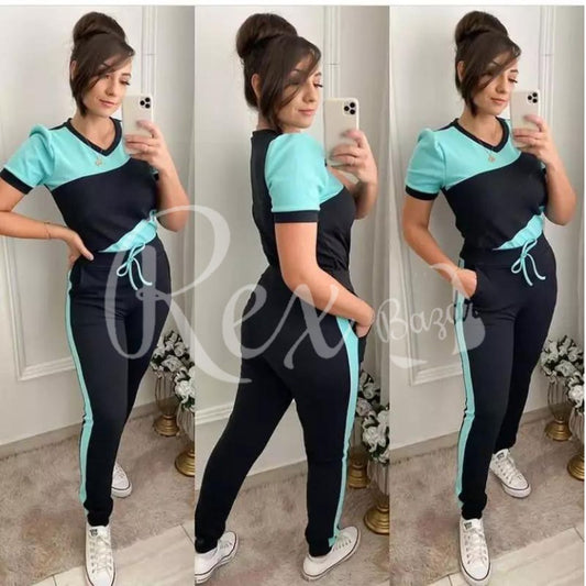 Blue With Black Panel Half Sleeves T Shirt with Panel Pajama Suit for her (RX-165) - Super Bazar Shopping 