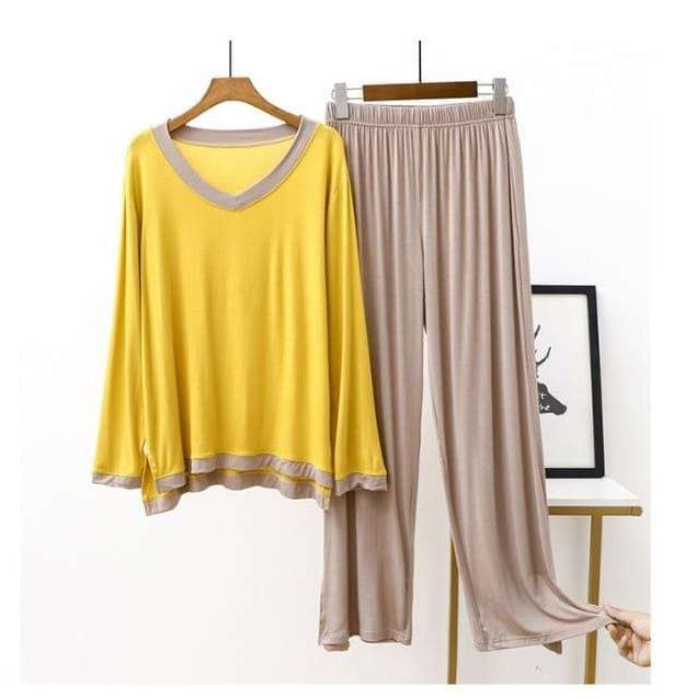 Plain Yellow with Skin V Neck with Skin Contrast Palazzo Pajama Full Sleeves Night Suit for Her (RX-75) - Super Bazar Shopping 