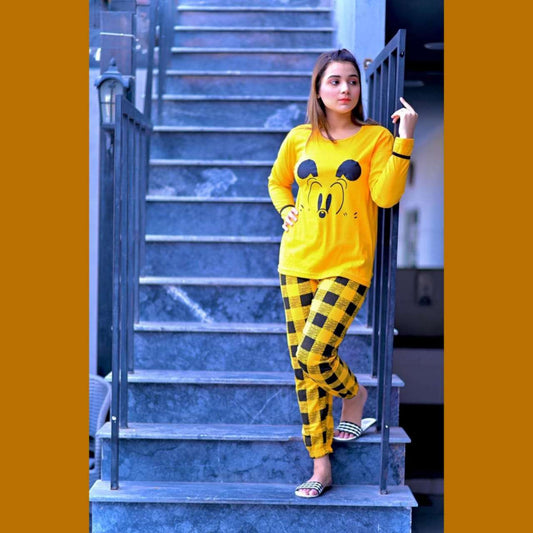 Yellow Mickey Mouse with Check Style Pajama Full Sleeves Night Suit for her (RX-34) - Super Bazar Shopping 