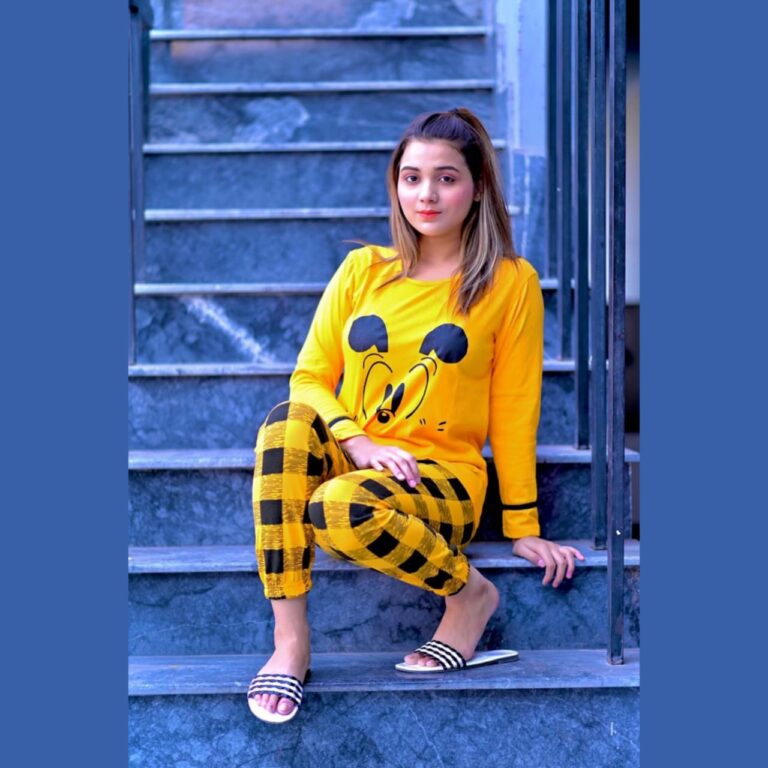 Yellow Mickey Mouse with Check Style Pajama Full Sleeves Night Suit for her (RX-34) - Super Bazar Shopping 