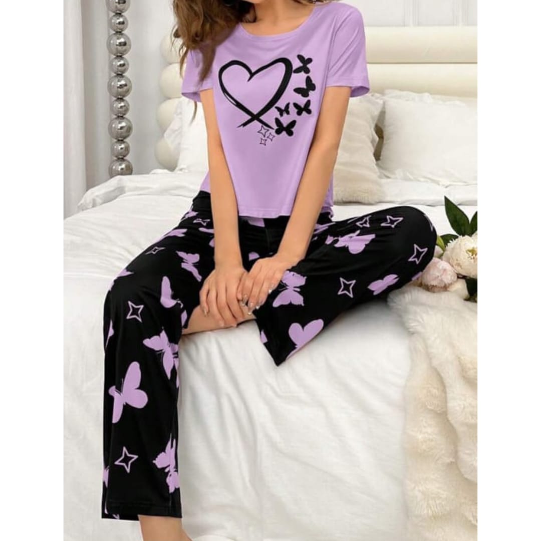 Purple With Black Butterflies Heart Printed T-shirt And Butterflies Printed Trouser Suit (RX-184) - Super Bazar Shopping 