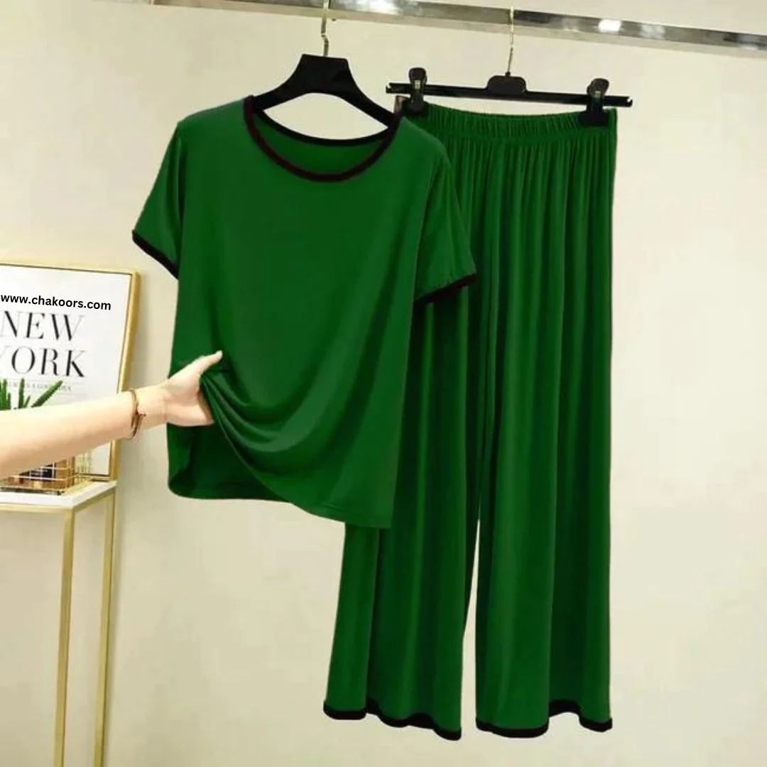 Green With Black Pipin Neck And Sleeves Half Sleeves Suit (RX-159) - Super Bazar Shopping 