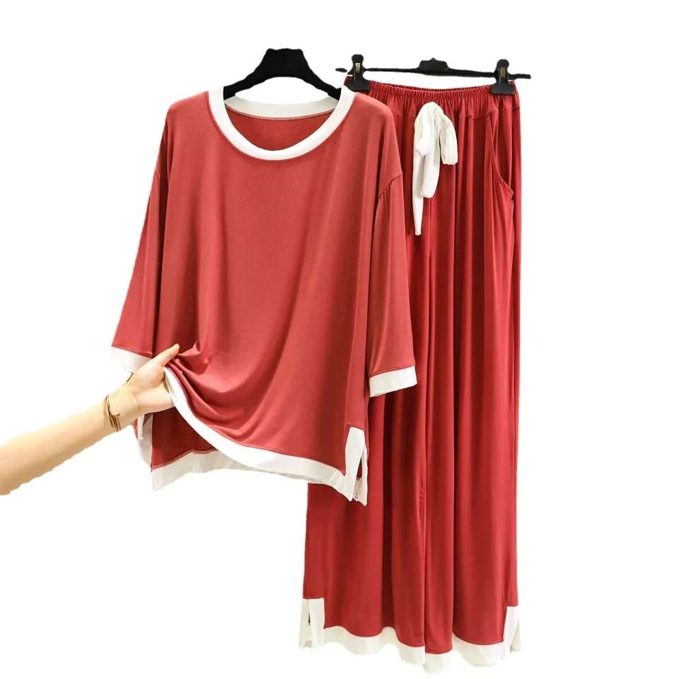 Red With White Round Neck Flapper Pajama Night Suit (RX-56) - Super Bazar Shopping 