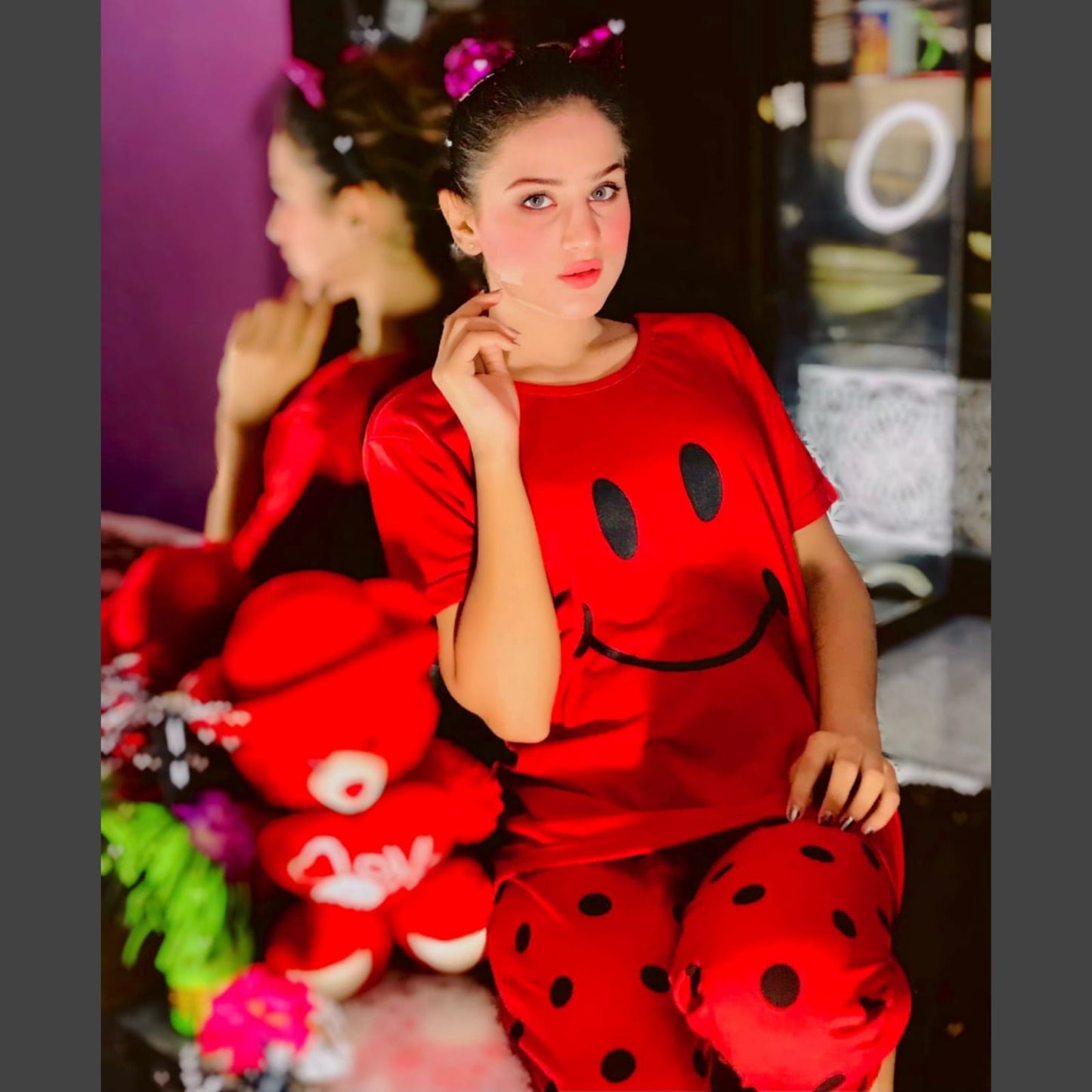 Red Smile with Dotted Style Pajama Half Sleeves Night Suit for her (RX-23) - Super Bazar Shopping 