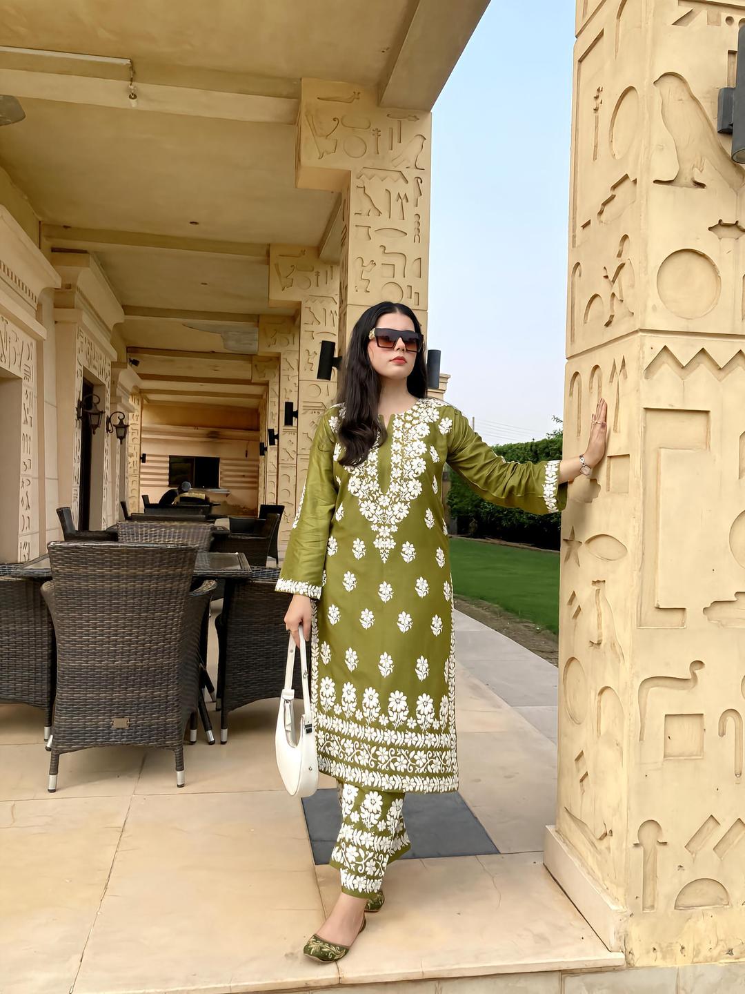 2 pcs Chikankari Paint Embose Stitched Suit