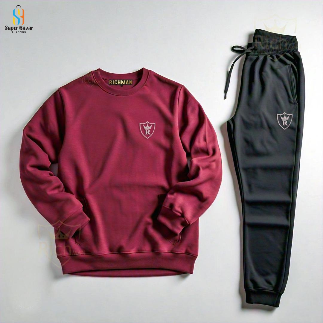 2 Pcs Unisex Fleece Printed Sweat Shirt Track Suit Maroon