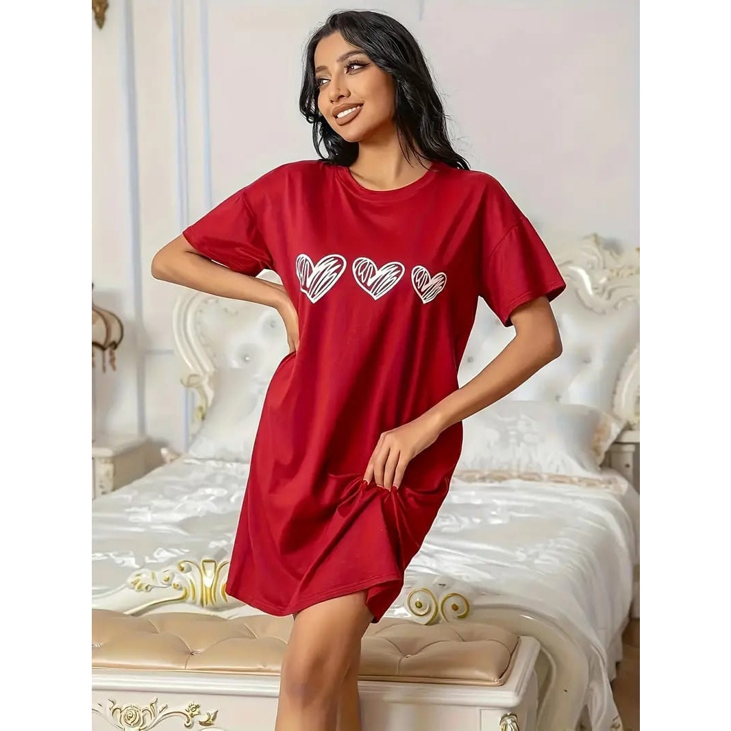 Red With White Heart Long Shirt For Women (RX-199) - Super Bazar Shopping 