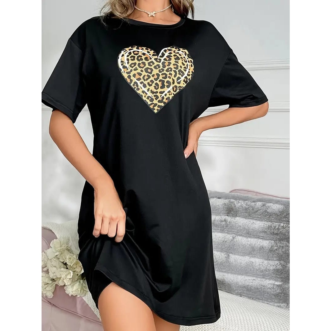 Black With Cheetah Heart Print Long Shirt For Women (RX-217) - Super Bazar Shopping 