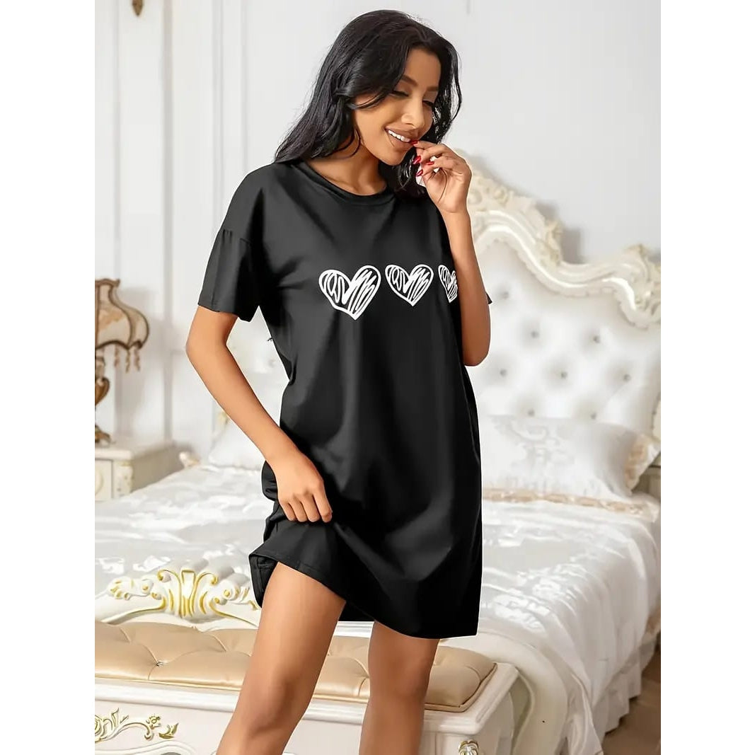 Black With White Heart Long Shirt For Women (RX-201) - Super Bazar Shopping 