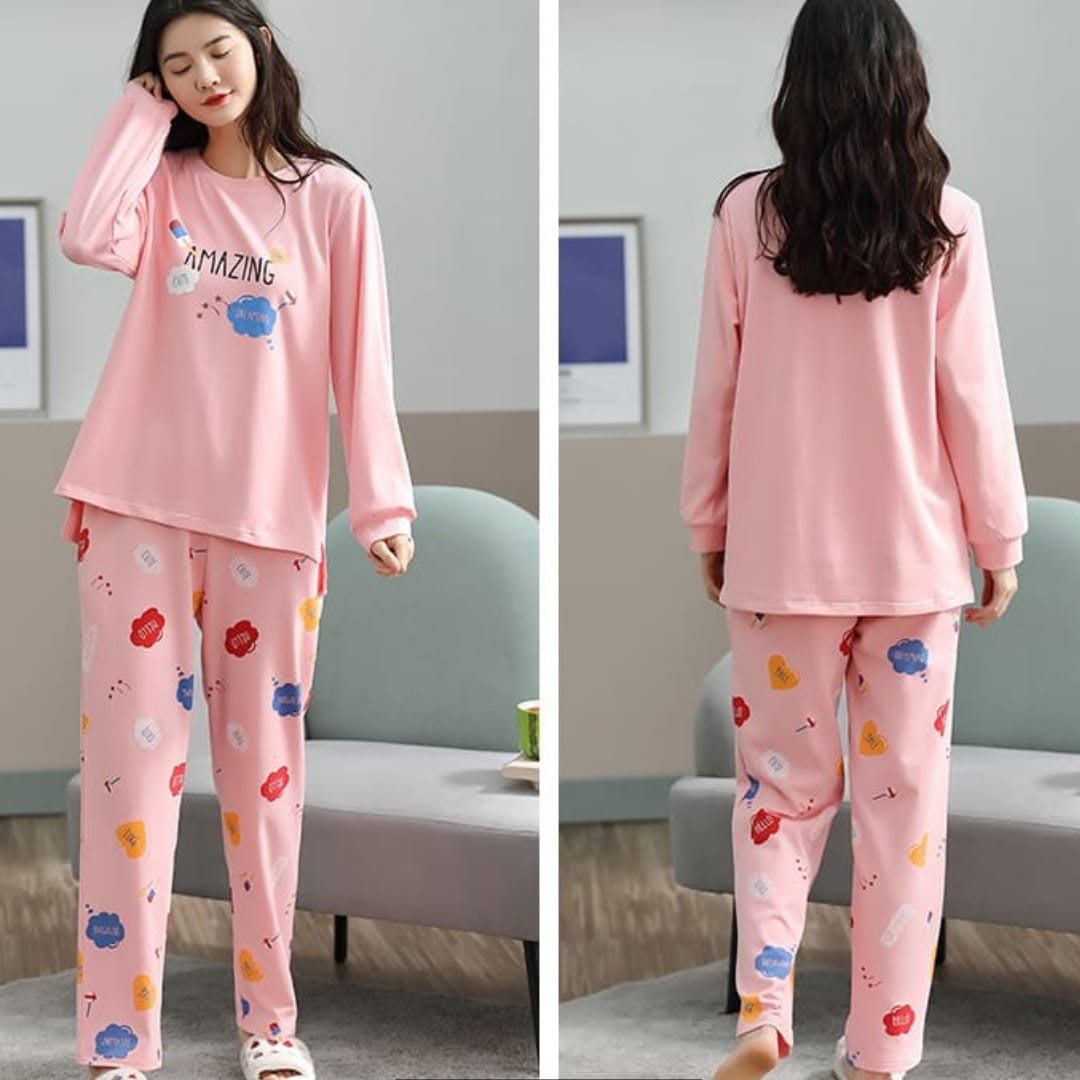 Pink Amazing Print Full Sleeves T-shirt With Printed Pajama Suit (RX-221) - Super Bazar Shopping 