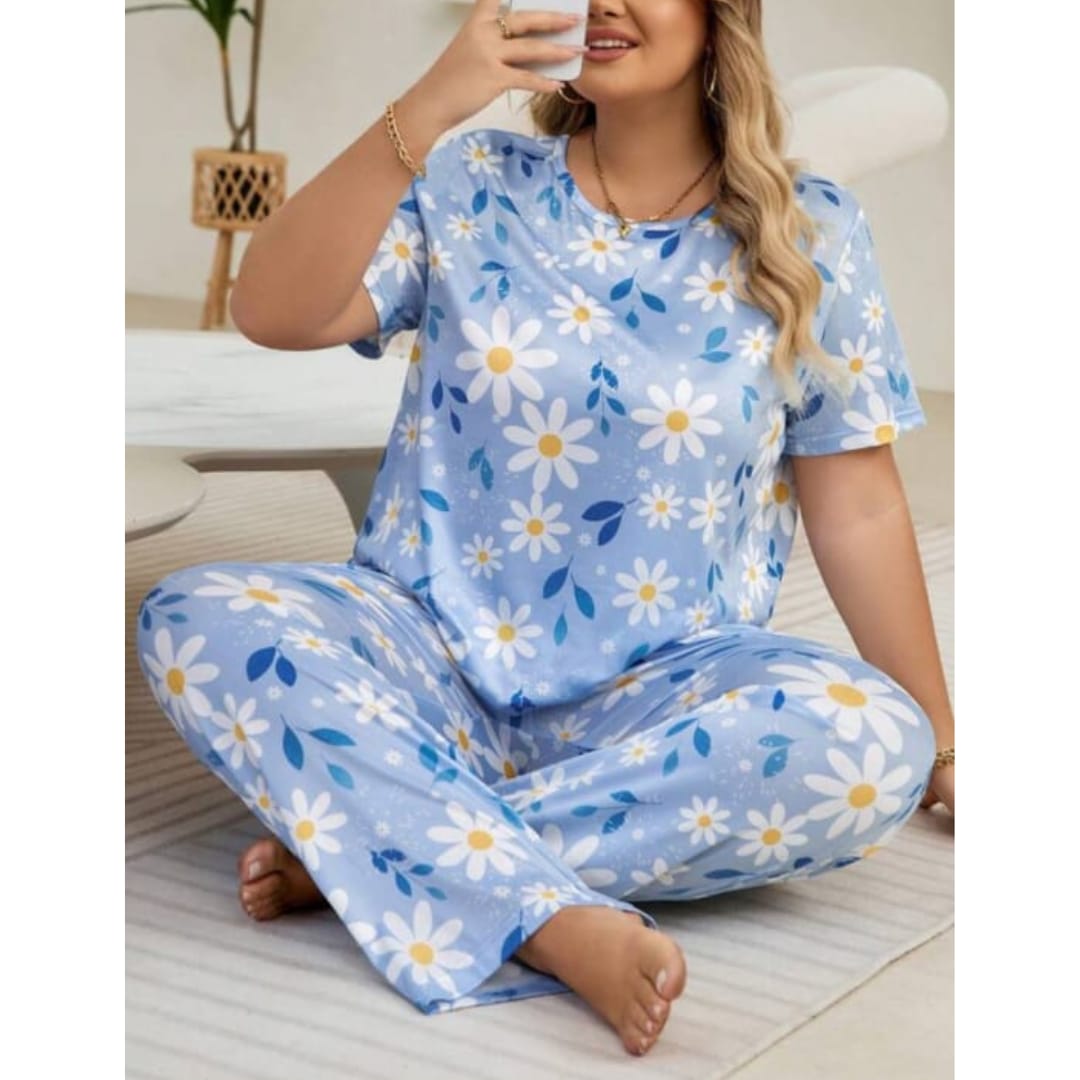 Blue Flowers Print Half Sleeves T-shirt With Flowers Print Pajama Suit (RX-219) - Super Bazar Shopping 