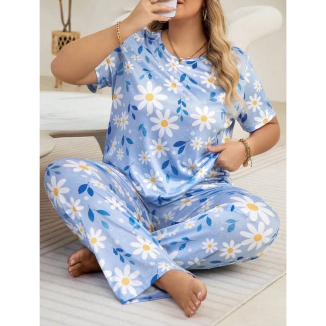 Blue Flowers Print Half Sleeves T-shirt With Flowers Print Pajama Suit (RX-219) - Super Bazar Shopping 