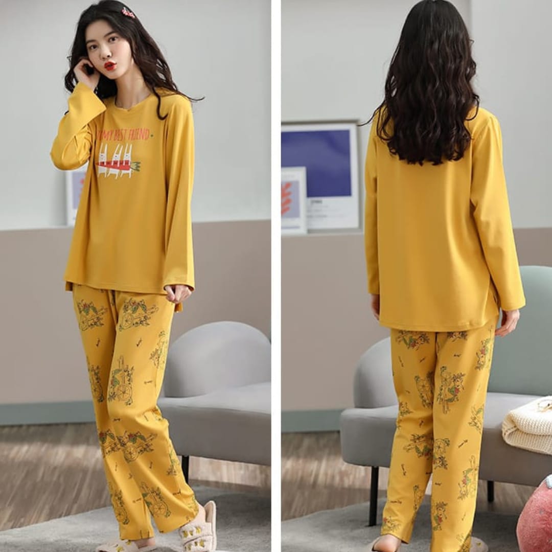 Yellow Bestfriend Print Full Sleeves T-shirt With Printed Pajama Suit (RX-222) - Super Bazar Shopping 