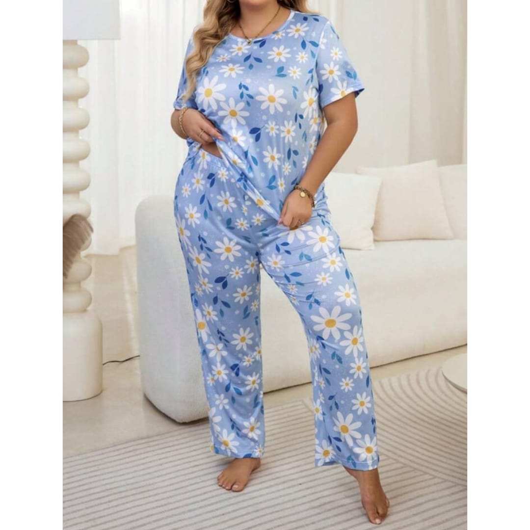 Blue Flowers Print Half Sleeves T-shirt With Flowers Print Pajama Suit (RX-219) - Super Bazar Shopping 