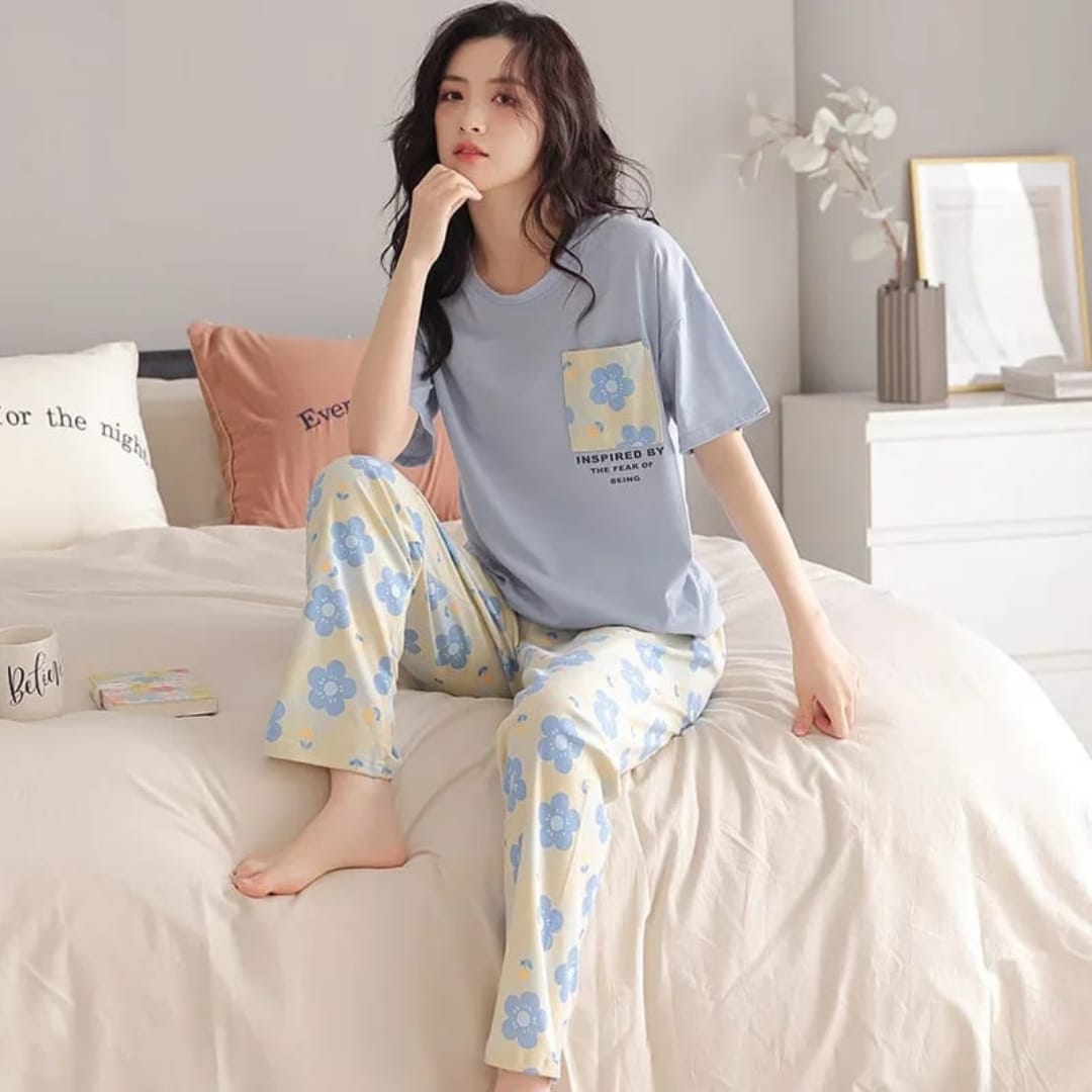 Blue Flower Pocket Print Half Sleeves T-shirt With Flowers Print Pajama Suit (RX-220) - Super Bazar Shopping 