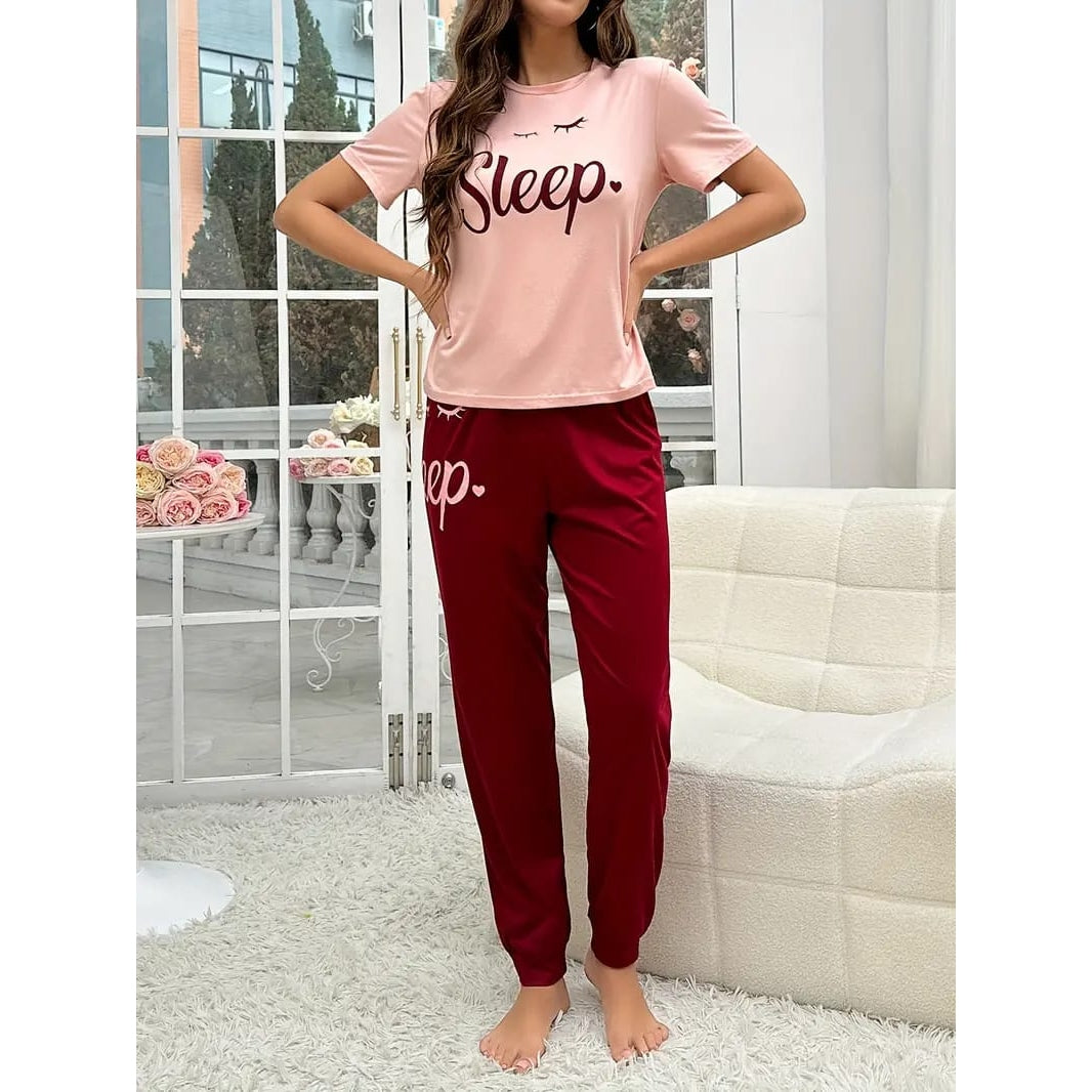 Pink Sleep Print half Sleeves T-shirt With Sleep Print Pajama Suit (RX-223) - Super Bazar Shopping 