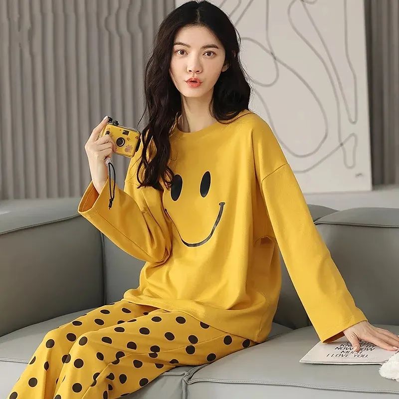 Yellow Smile Print Full Sleeves T-shirt With Dotted Pajama Night Suit (RX-38) - Super Bazar Shopping 