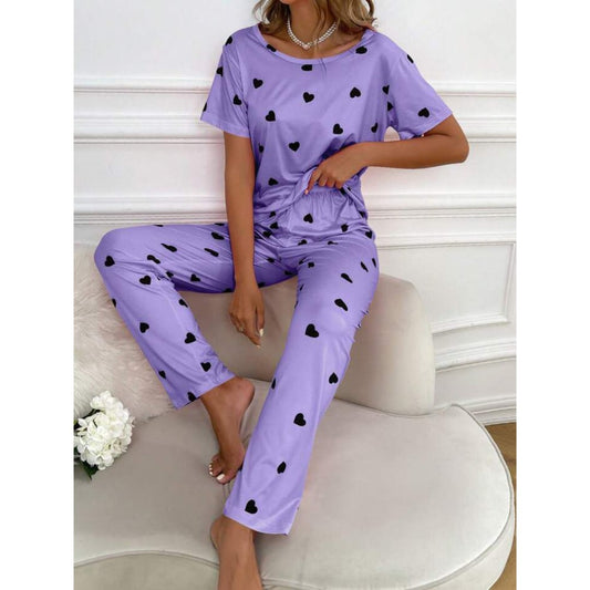 Purple With Black Hearts Print Half Sleeves T-shirt With Hearts Printed Trouser Suit (RX-186) - Super Bazar Shopping 