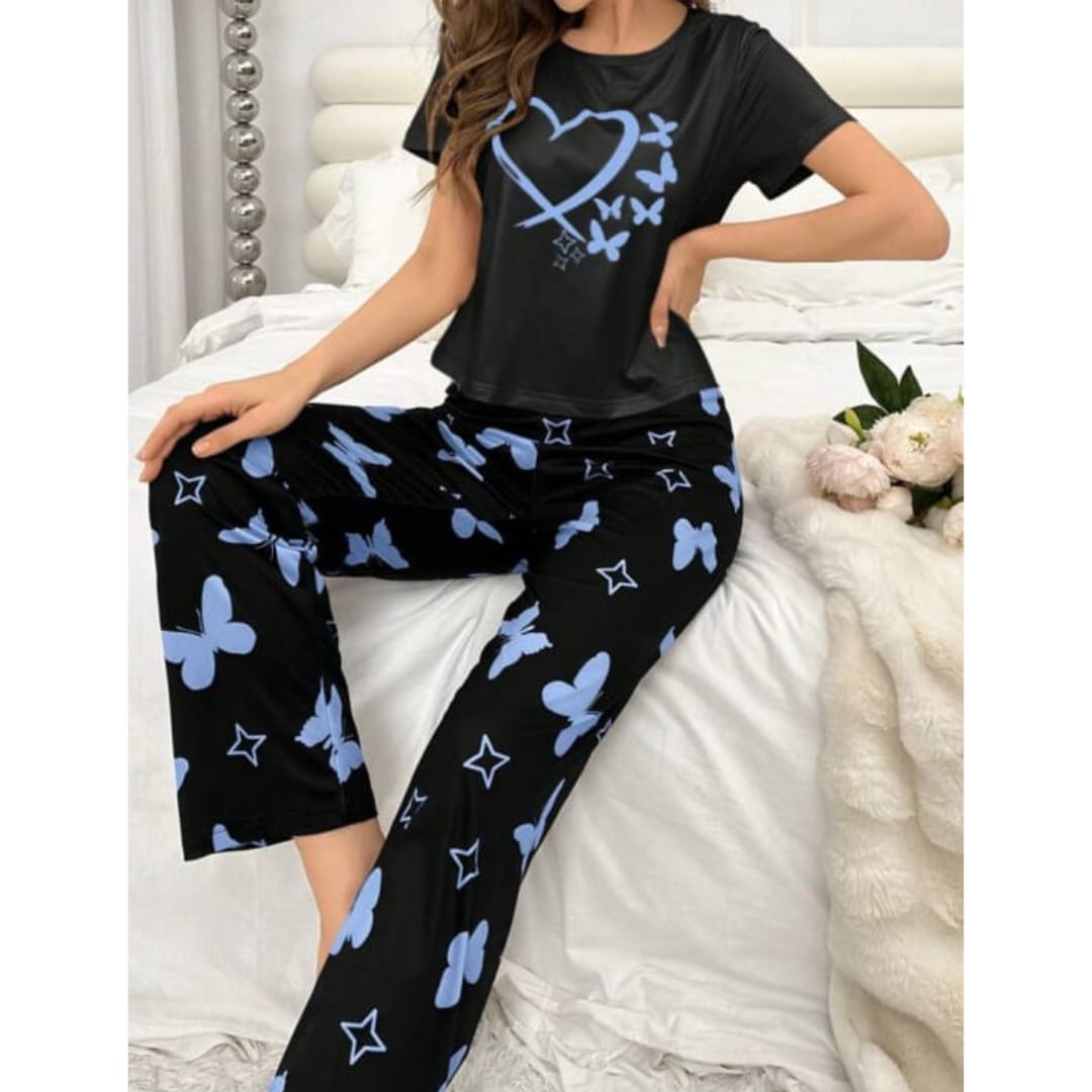 Black With Blue Butterflies Heart Printed T-shirt And Butterflies Printed Trouser Suit (RX-182) - Super Bazar Shopping 